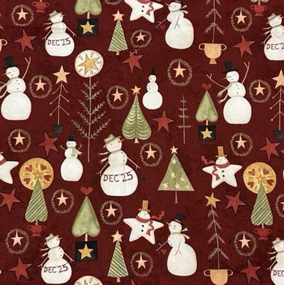Country Christmas Snowmen Fabric Maroon Green Cotton Riley Blake Kringle 1+Yards - Image 1 of 4
