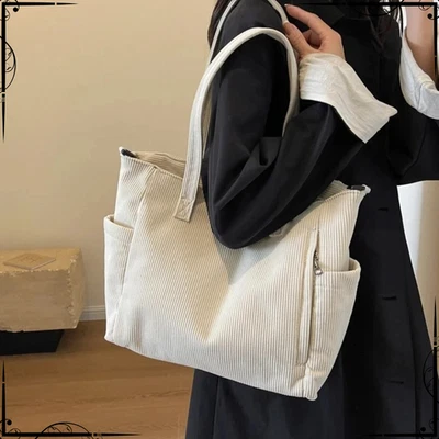 Women Striped Velvet Corduroy Handbag Shoulder Bag Large Capacity Travel Tote - Image 1 of 4