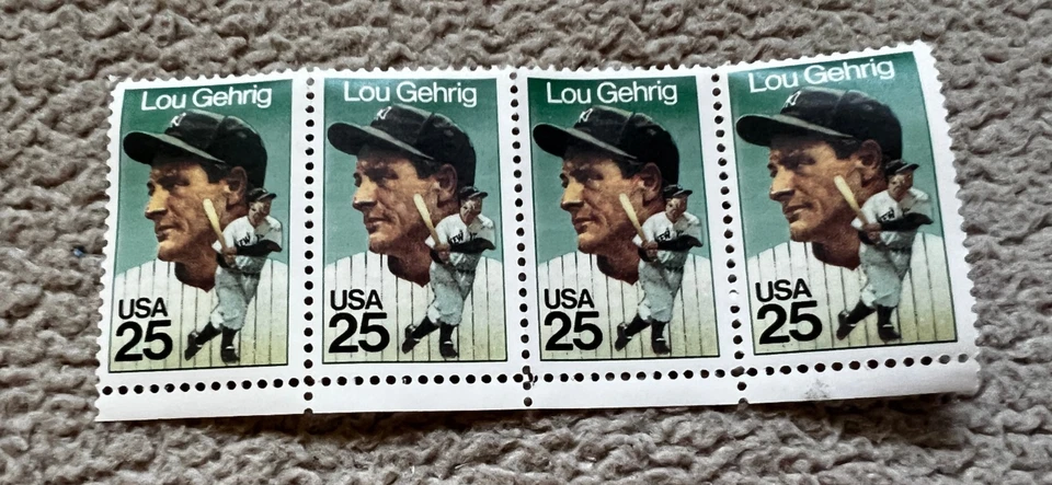 Lou Gehrig New York Yankees 25 Cent Postage Stamps 1989 - QTY 4 - Never Used - Image 1 of 3