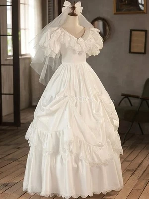 Romantic Victorian Wedding Dress V Neck Pleated Short Sleeve Lace Up Applique - Image 1 of 4