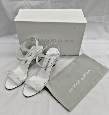 Manolo Blahnik Mulia Open Toe Strap Sandals Size 38 White Leather with Box - Image 1 of 4