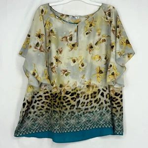 Sioni Womens Sz 2X Pullover Blouse Multi Color Floral Animal Print Short Sleeves - Picture 1 of 9