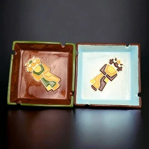 Pair Of Vintage Ceramic Legendware Ashtrays Southwest Blue And Brown Kachina - Picture 1 of 12