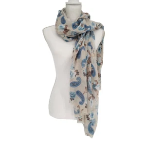 Floral and Paisley Rectangle Scraf Beige Brown Blue Raw Ends - Picture 1 of 6