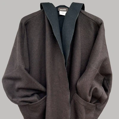 Eskandar  Brown Black Heavy Wool Cashmere Open Cardigan Hooded Jacket Coat O/S - Image 1 of 4