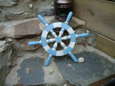  Ships Wheel Shabby Chic Blue & White Wooden Nautical Beach Seaside Boat Gift - Image 1 of 4