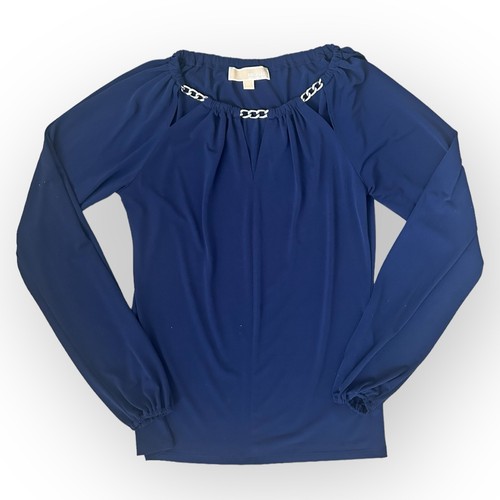 Top donna Michael Kors blu manica lunga argento catena foro chiave taglia XXS