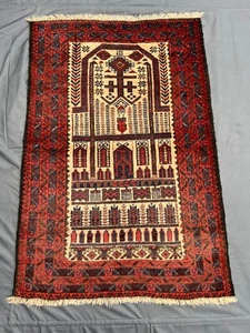 Afghan Baluchi Prayer Rug 2'10 x 4'2 ft – Handmade Wool Red Ivory Tribal Mihrab - Picture 1 of 9