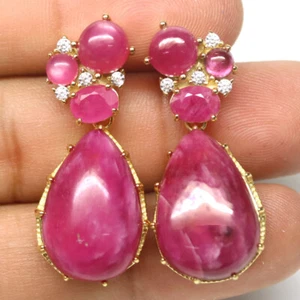 Gemstone Red Pink Ruby & White Zircon Earrings 925 Silver 18k Gold - Picture 1 of 4