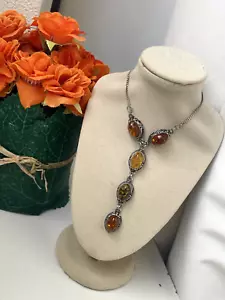 GORGEOUS ABSTRACT MODERNIST 925 SOLID STERLING SILVER AMBER PENDANT 18" NECKLACE - Picture 1 of 16