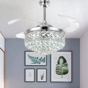 42" Modern Invisible Ceiling Fan 3 Speed Remote 3-Color Light Crystal Chandelier - Picture 1 of 14