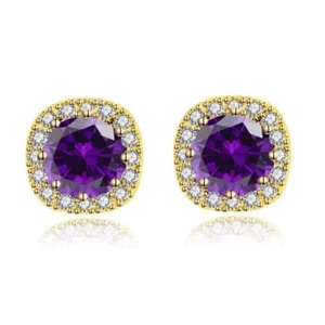 14k Yellow Gold 1/2Ct Round Created Tanzanite CZ Halo Stud Earrings Plated - Picture 1 of 1