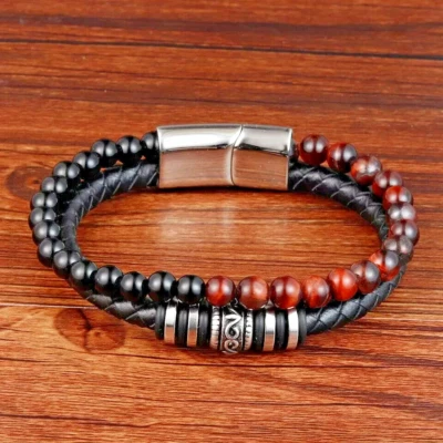 Natural Tiger Eye Obsidian Chakra Reiki Power Fashion Men's Leather Bracelet - Image 1 of 4
