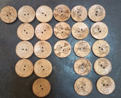 Vintage Etched FLOWER 2-hole Coconut Shell Buttons 1.18 inches, 29.97mm Lot 23 - Image 1 of 2