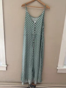 Womens Polka Dot Spaghetti Strap Teal Maxi Dress Size Large NWT Beachy Button - Picture 1 of 10