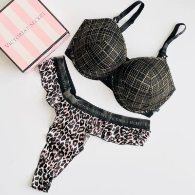 38DDD XL Victoria’s Secret black bra set animal print silk high thong panties - Image 1 of 4