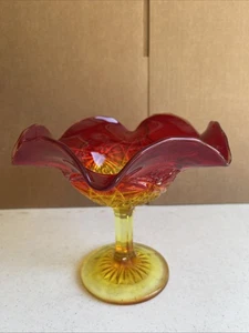 Vintage Viking Amberina MCM Art Glass Pedestal Ruffled Candy Dish - Picture 1 of 9
