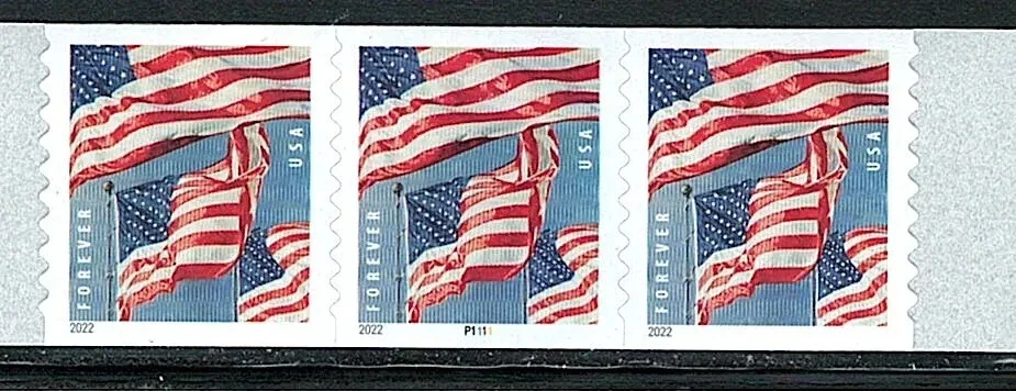 Mint US Strip of 3 Coil Flag Stamp with Plate# P111, Scott# 5657 (MNH) - Image 1 of 1