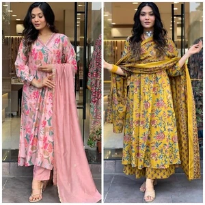 Indische Frauen stilvoll bedruckt Anarkali Kurta und Hose ✨Set & Dupatta (2er Pack) - Bild 1 von 14