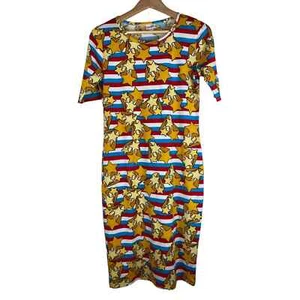 LuLaRoe Women's M Red Cream Blue Striped Gold Star Short Sleeve Pullover Dress - Picture 1 of 5
