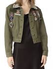 NWT-$695 Alice+Olivia Embroidered FLAG PATCH PIN Crop Military Jacket GREEN Sz M