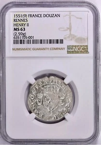 1551 Henry II Rennes France Silver Douzan NGC MS 63 Fleur De Lis Crown TOP POP - Picture 1 of 2