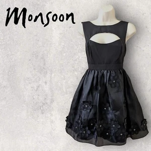 Vestido de fiesta MONSOON Fusion para mujer negro recortado entallado y acampanado con flores Reino Unido 10/12 - Imagen 1 de 5