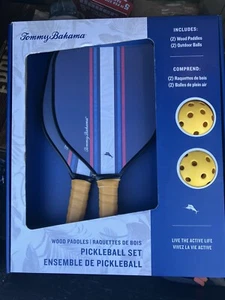 Tommy Bahama Pickleball Set 2 Navy Blue and Red Wood Paddles 2 Game Balls NEW - Picture 1 of 6
