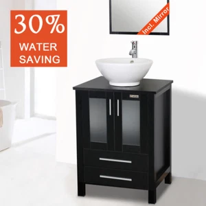 24" Bathroom Vanity Black Set Single Top Round Ceramic Sink Faucet No Mirror - Picture 1 of 8