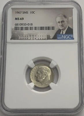1967 SMS NGC MS69 Roosevelt Dime 10C Special Mint Set Uncirculated Portrait Lbl - Image 1 of 3