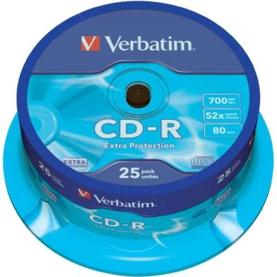 25 CD-R Verbatim Extra Protection 700MB 52x 80 Min Cake Box 43432 - Immagine 1 di 3