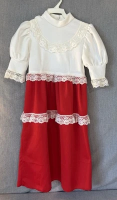 "VESTIDO de encaje casero rojo y blanco dulce vintage para niñas pequeñas dobladillo crudo 29"" de largo" Foto 1 de 4