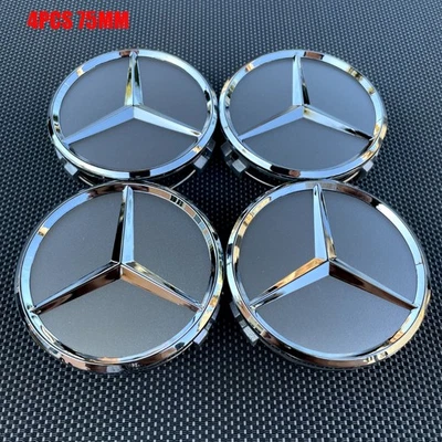 4 x 75mm Matte Chrome Emblem Fit For Mercedes Benz C E S Center Wheel Hub Caps - Image 1 of 4