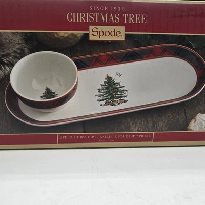 Spode Christmas Tree 2-Piece Tartan Chip Dip Set Serving Tray - Image 1 of 3