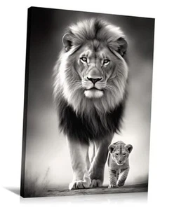 Quadro grande arte da parete su tela decorazione leone bianco e nero stampe leone e cucciolo - Foto 1 di 7