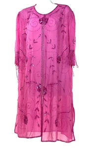Vintage 80s Beaded Duster Sequence Pink Kimono Floral Fringe Chiffon L Large - Picture 1 of 11