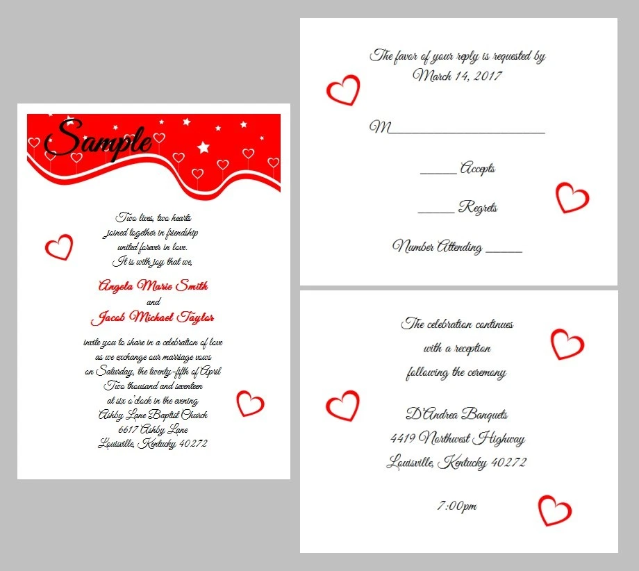 Conjunto de 100 cartões personalizados personalizados de convites de casamento com borda de corações vermelhos   - Imagem 1 de 1