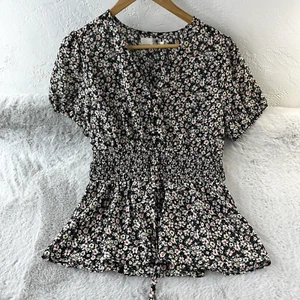 Everleigh Top Womens Large Black Flowers Peplum Short Sleeve Office Career - Picture 1 of 7