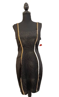 Vestido Vaina Jax Negro Talla 10 Nuevo con Etiquetas Borde Dorado Abstracto Panel Punteado Cóctel Foto 1 de 4
