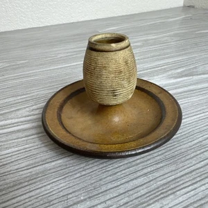 Vintage Kira Fournier Abiquiu NM Pottery Striped  Dark Red & Beige Candleholder - Picture 1 of 9