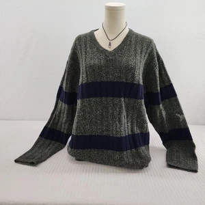 Vintage 90's Structure Mens V-Neck Sweater Striped Olive Green Blue Pullover xl - Picture 1 of 5