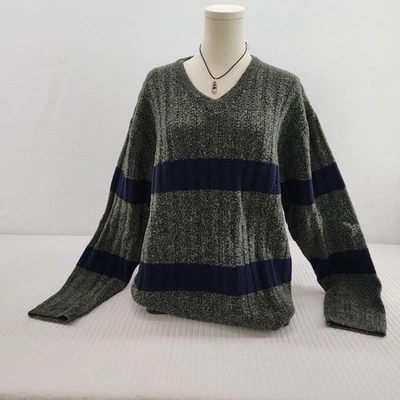 Vintage 90's Structure Mens V-Neck Sweater Striped Olive Green Blue Pullover xl - Image 1 of 4