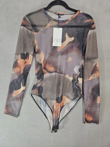 NWT Zara Womens Large Marble Tye Die Sheer Mesh Bodysuit Long Sleeve Crew - Picture 1 of 10