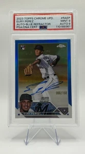 Topps 2023 cromo Eury Pérez RC refractor azul automático/150 PSA 9/9 AUTO - Imagen 1 de 2