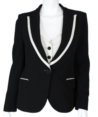 MOSCHINO Vintage Black Crepe Knit White Trim Built-In Vest Blazer Jacket 48 - Image 1 of 4
