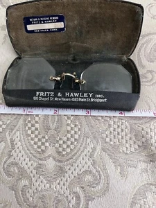 VINTAGE Antique Eyeglasses and Case - Gold Gilded FRITZ & HAWLEY Octagon Rimless - Picture 1 of 9