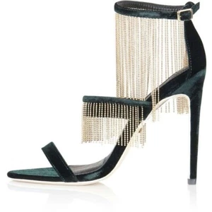 Topshop Chain Skinny Velvet Sandals In Emerald Green Size 6 - Picture 1 of 5