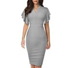 OL Style Women's Dress with V Neck Ruffled Sleeves and Knee Length Pencil Skirt