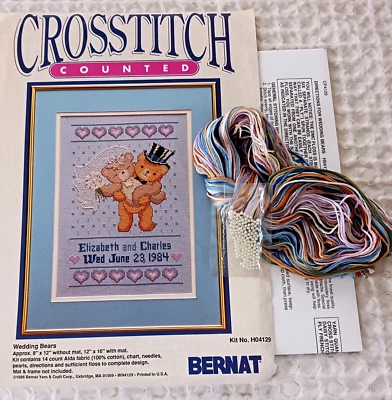 Bernat Cross Stitch Pattern Wedding Bears Bride Groom Top Hat Hearts Floss Beads - Image 1 of 4