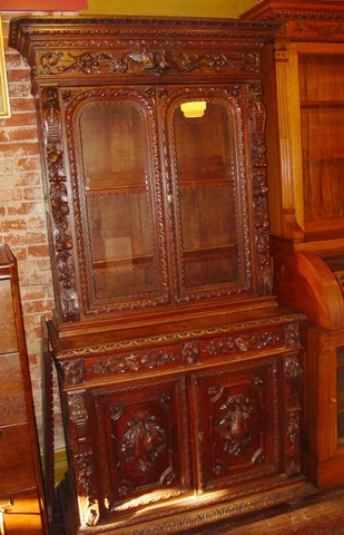 Super antique carved oak French bookcase china cabinet with birds----16004 Cover